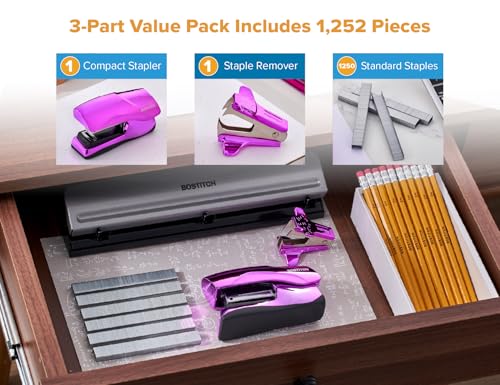 Bostitch Office Heavy Duty 40 Sheet Stapler with 1250 Staples Claw Remover Small Stapler Size Fits into The Palm of Your Hand Value Pack Metallic Purple B175PURPLEMVP - Image 3