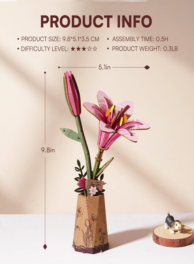 Wowood 3D Flower Wooden Puzzles for Adults-Pink Lily, DIY Wooden Flowers Model Kit Building Set Crafts for Adults to Build, Botanical Collection/Ideal Creative Gift Ideas/Housewarming (73PCS) - Image 5