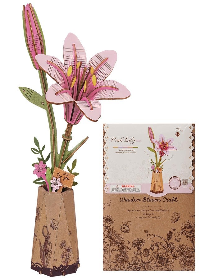 Wowood 3D Flower Wooden Puzzles for Adults-Pink Lily, DIY Wooden Flowers Model Kit Building Set Crafts for Adults to Build, Botanical Collection/Ideal Creative Gift Ideas/Housewarming (73PCS) - Image 1