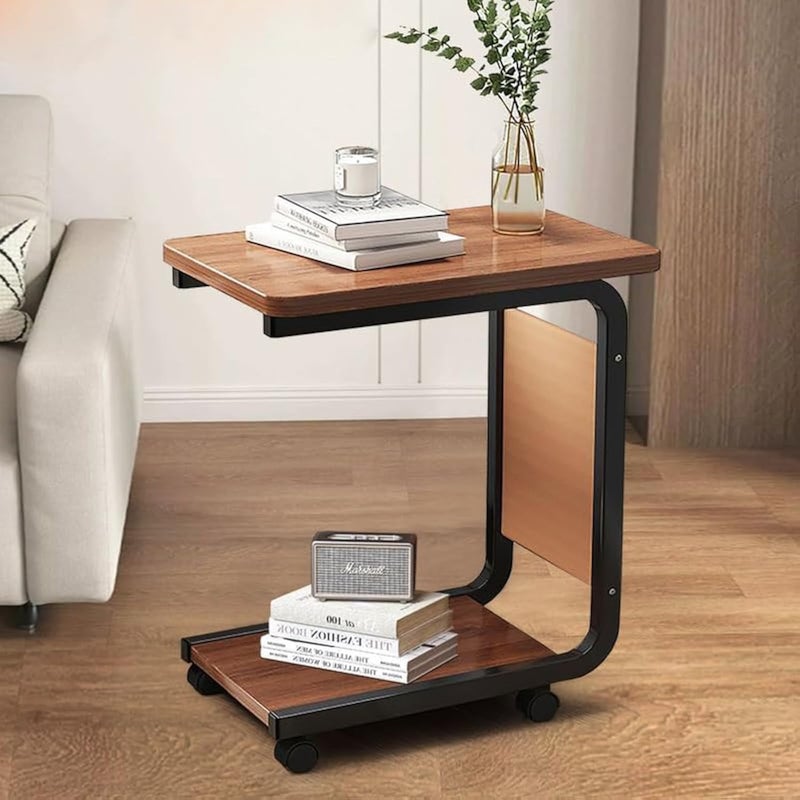 achard C Shaped end Table, Modern Creative Design Coffeee Table with Wheels and Side Pocket,Slide Under Sofa Table for Living Room and Small Spaces - Image 1