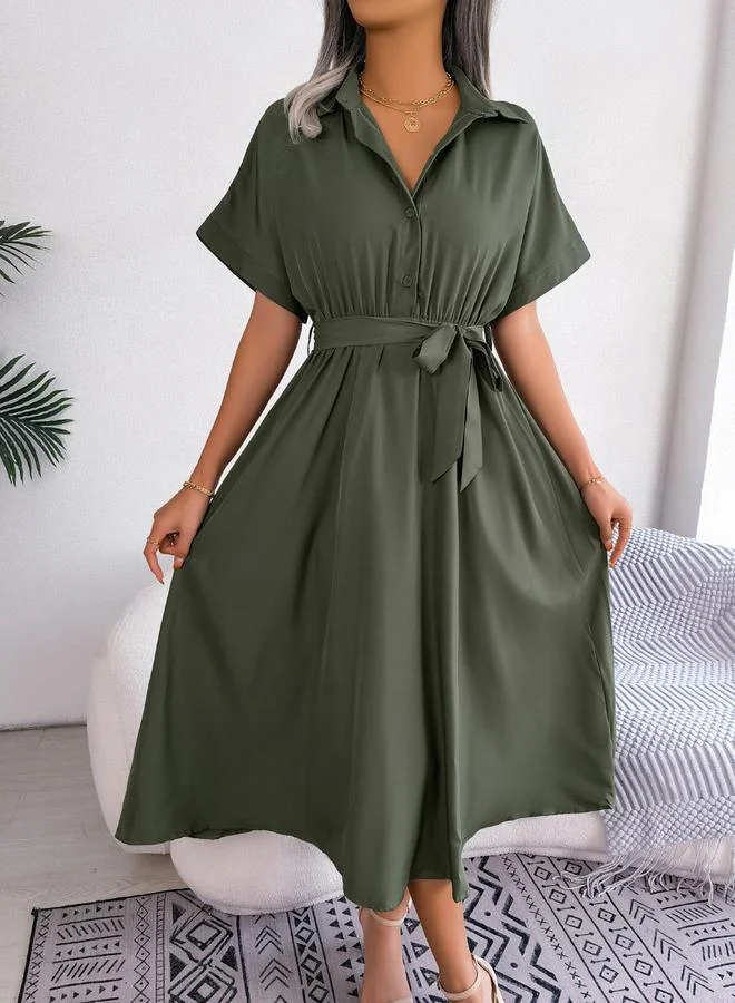 Take Two women's solid laple neck short sleeve belted midi dress