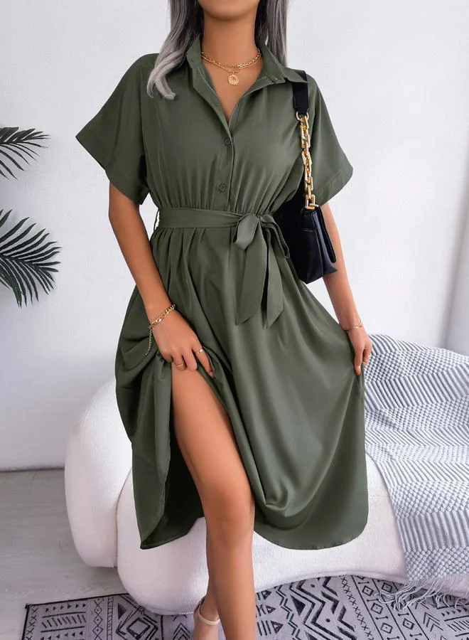 Take Two women's solid laple neck short sleeve belted midi dress