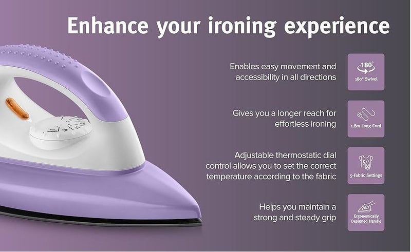 USHA Armor 1100 watts Dry Iron with Shock Proof Plastic Body | Single Coat Black Non Stick Soleplate for Longer Durability|Overheat Safety Shutoff |180° Swivel Cord | 2 Years Warranty|(Purple & White) - Image 5