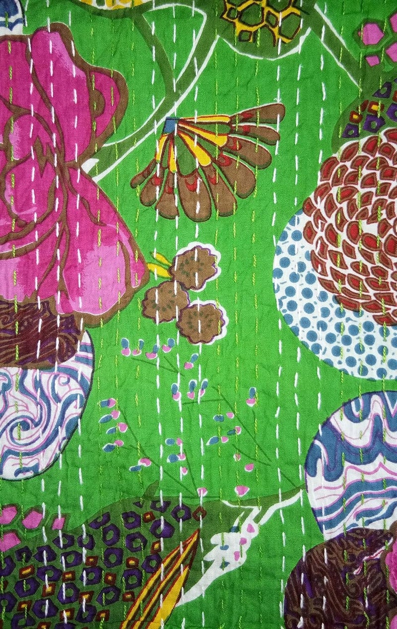 Textile art Creations Creations Traditional Ethnic Kantha Indian Bedding Single Emerald Cotton Tropical Fruit Hand Stitched Bedding Bed Cover by Textile art Creations Creations90x60 Inch - Image 3