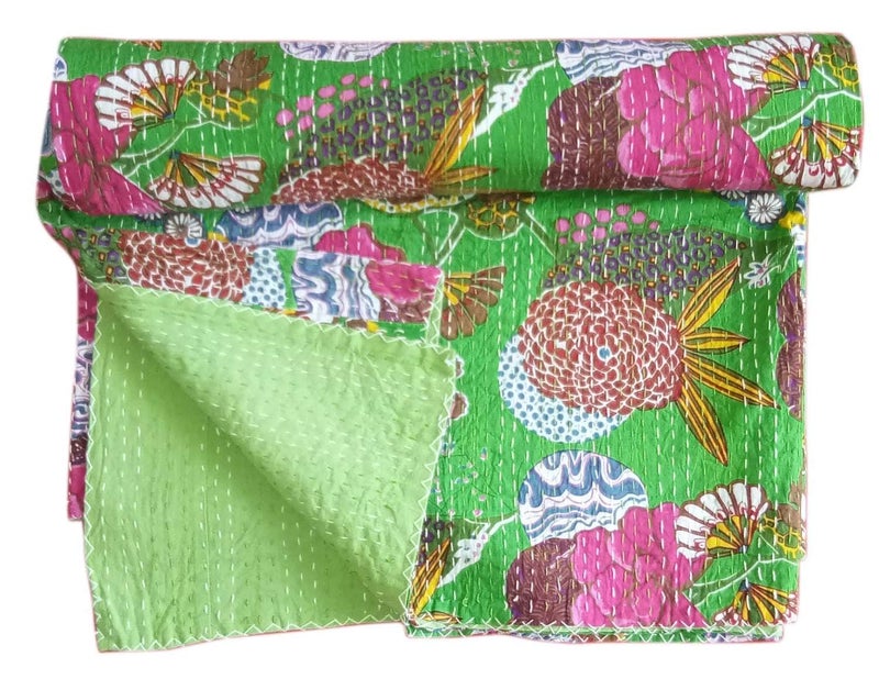 Textile art Creations Creations Traditional Ethnic Kantha Indian Bedding Single Emerald Cotton Tropical Fruit Hand Stitched Bedding Bed Cover by Textile art Creations Creations90x60 Inch - Image 2