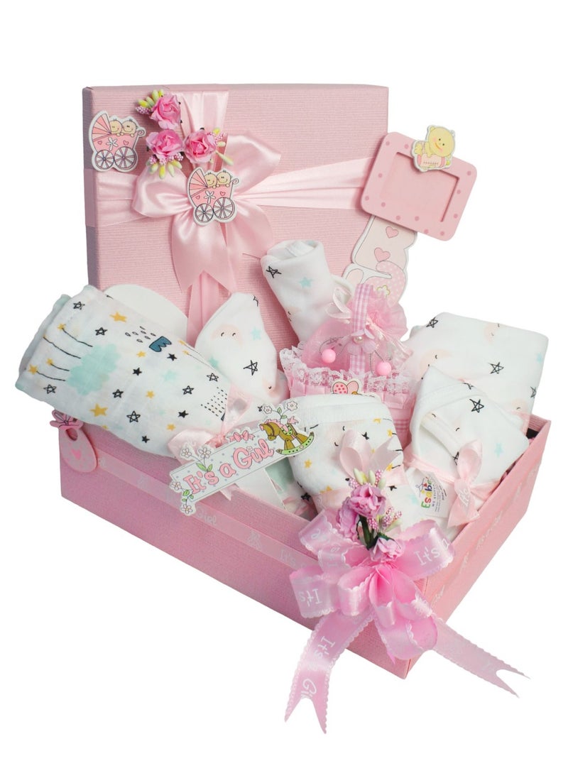 Esabela Set of 9 pcs new born baby essential Baby Gift Set - Newborn Baby Shower Gift for Boys & Girls, Cloud & Star / Moon & Star Print Baby Hamper, Newborn Essentials Include Swaddle, Sleepsuit, Bodysuit, Bib, Burp Cloth, Hats, Wooden Frame, Basket 