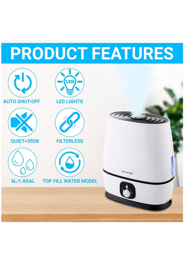 Humidifier for Bedroom 6L, Cool Mist Humidifier with Fragrance Oil Diffuser, Super Quiet 35db Humidifiers, Filterless Humidifier ideal for Babies & Kids, Lasts 50 Hours