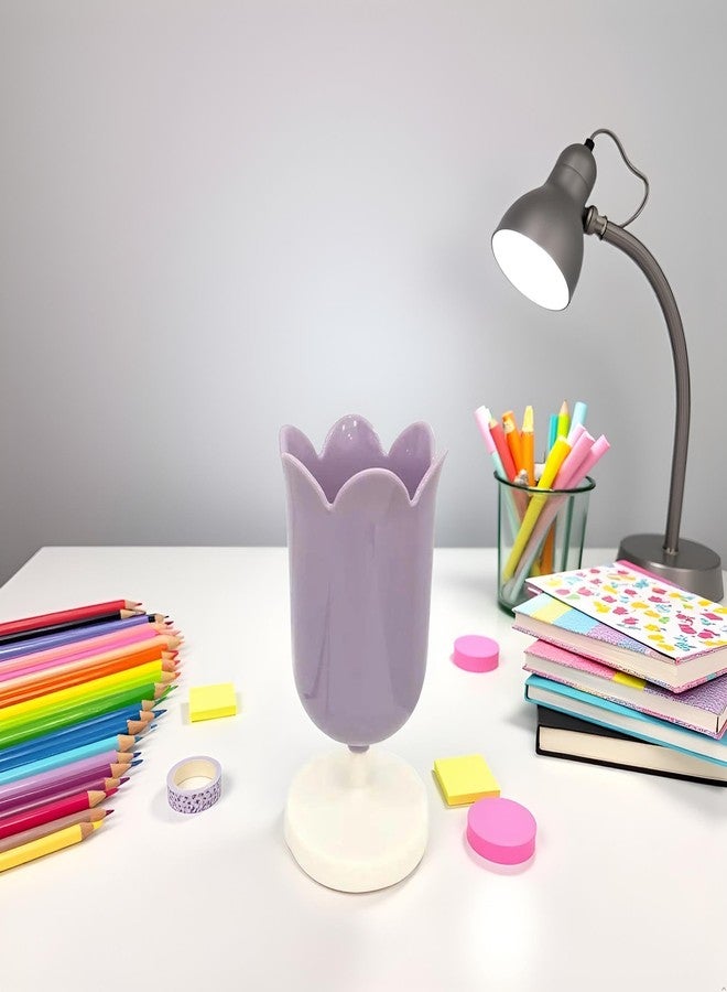 Qintreesify Purple Pen Holder for Desk, Plastic Tulip Pen Holder Girl Small Makeup Box Cute Stationery Organizer Pencil Stand Case Pencil Cups Desktop Decoration Pencil Holders Office and School Supplies - Image 1
