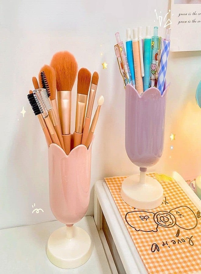 Qintreesify Purple Pen Holder for Desk, Plastic Tulip Pen Holder Girl Small Makeup Box Cute Stationery Organizer Pencil Stand Case Pencil Cups Desktop Decoration Pencil Holders Office and School Supplies - Image 4