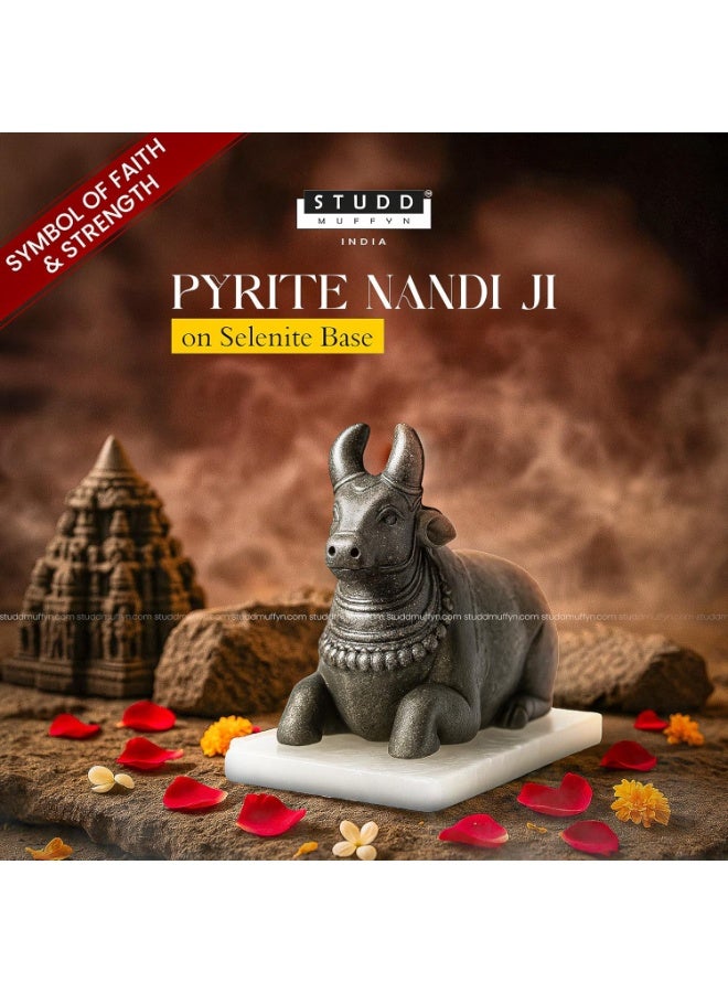 Studd Muffyn | Pyrite Nandi Ji on Selenite Base | Spiritual Energy | Abundance Magnet | Energy Cleanser | Divine Protection | Sacred Décor - Image 2