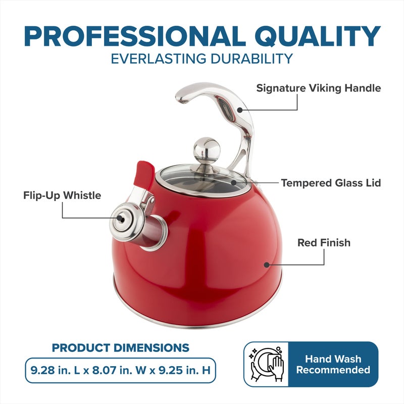 Viking 3-Ply Stainless Steel Tea Kettle, 2.6 Quart Stovetop Hot Water Pot with Tempered Glass Lid, Ergonomic Handle, Induction Ready, Red - Image 4
