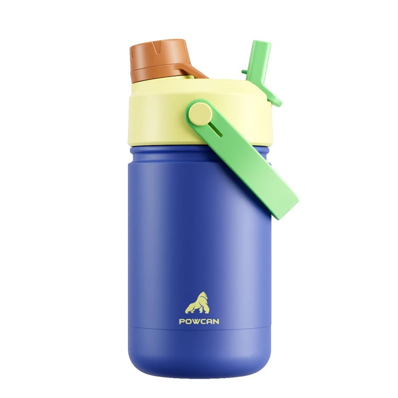 powcan 12 oz Kids Insulated Water Bottle: 2-in-1 Straw Spout Lid, Leakproof, BPA-Free, Cold 24H, Car Cupholder Friendly, Stainless Steel Cup for School, Trip, Birthday Gift for Boys Girls (Denim Jungle) - Image 1
