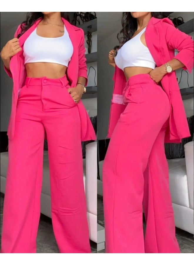 general 2026 Women's Elegant Pure Color Frayed Sleeve Collar Suit with Straight Pants Set - Image 1