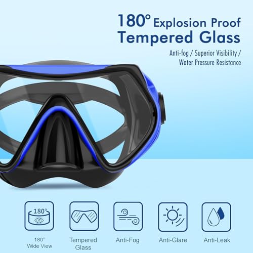 JRing Snorkeling Gear for Adults, JRing Snorkel Mask Set with 180 Degree Tempered Glass Anti Fog Goggles Scuba Dry Top Snorkel for Swimming, Scuba Diving Mask for Men Women (Blue+Pink) - Image 2