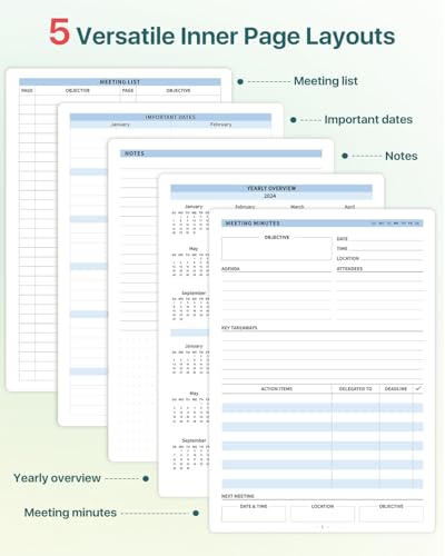 WEMATE Meeting Notebook for Work, Work Planner Notebook With Action Items, Easily Take Meeting Notes & Keep Agendas on Track, Calender, Index Page, Inner Pocket, 7×10 Inch, Olive Green - Image 2