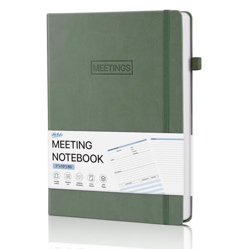 WEMATE Meeting Notebook for Work, Work Planner Notebook With Action Items, Easily Take Meeting Notes & Keep Agendas on Track, Calender, Index Page, Inner Pocket, 7×10 Inch, Olive Green - Image 1