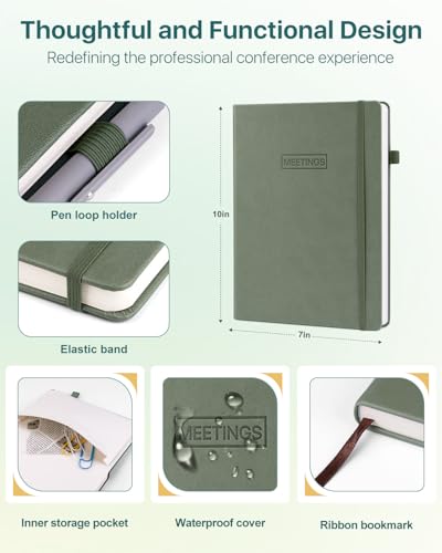 WEMATE Meeting Notebook for Work, Work Planner Notebook With Action Items, Easily Take Meeting Notes & Keep Agendas on Track, Calender, Index Page, Inner Pocket, 7×10 Inch, Olive Green - Image 4