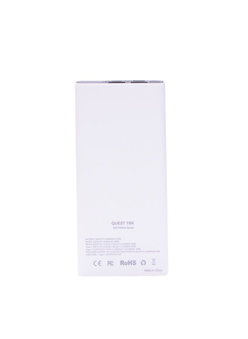 Vizzaro - PD 22.5W Power Bank 10000 mAh Super Fast Charging Portable Charger 1 Type C 1 Micro USB and 2  USB A Output Compatible with iPhone, Samsung, iPad and more- White - Image 1