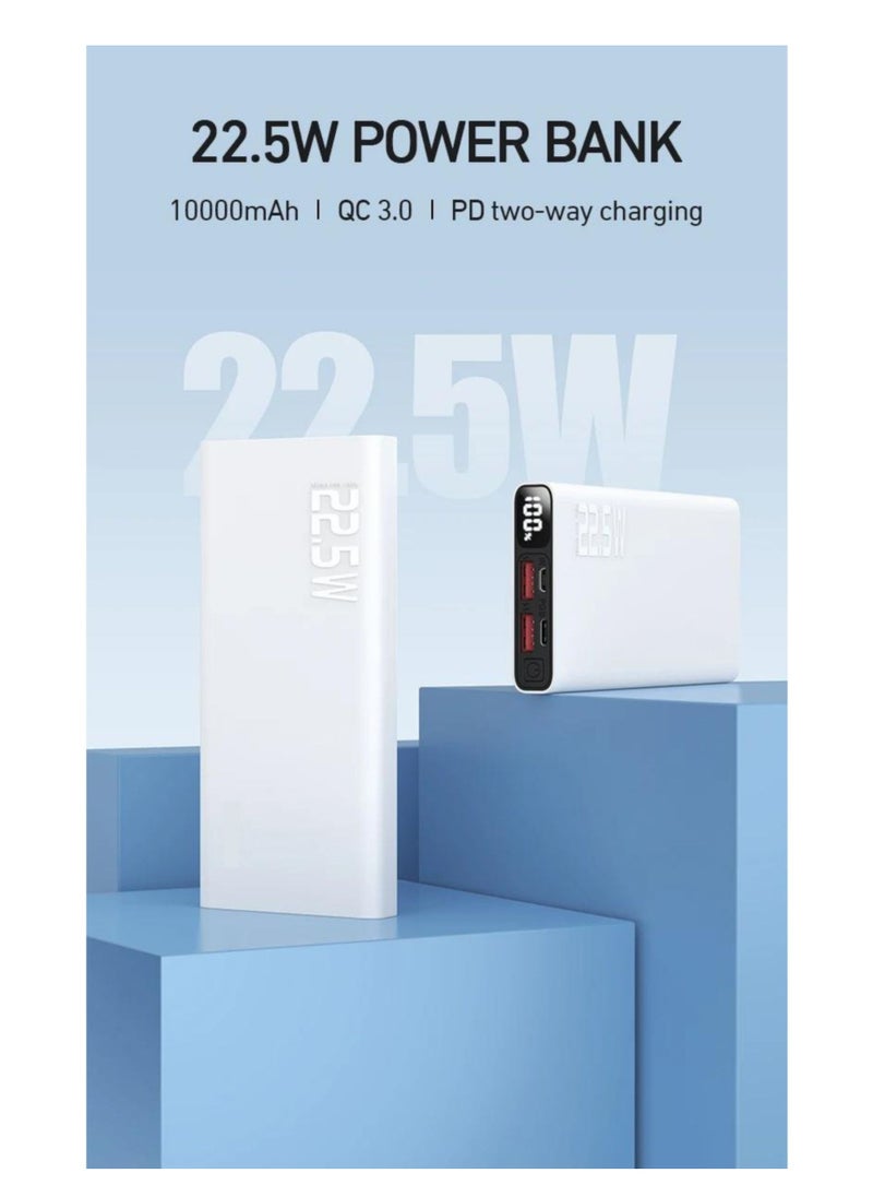 Vizzaro - PD 22.5W Power Bank 10000 mAh Super Fast Charging Portable Charger 1 Type C 1 Micro USB and 2  USB A Output Compatible with iPhone, Samsung, iPad and more- White - Image 1