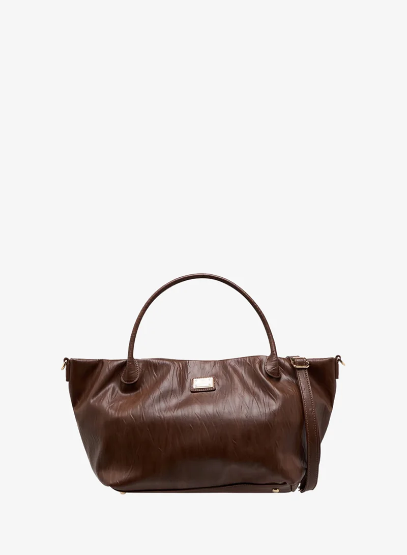 Textured Tote Bag with Double Handle and Detachable Shoulder Strap