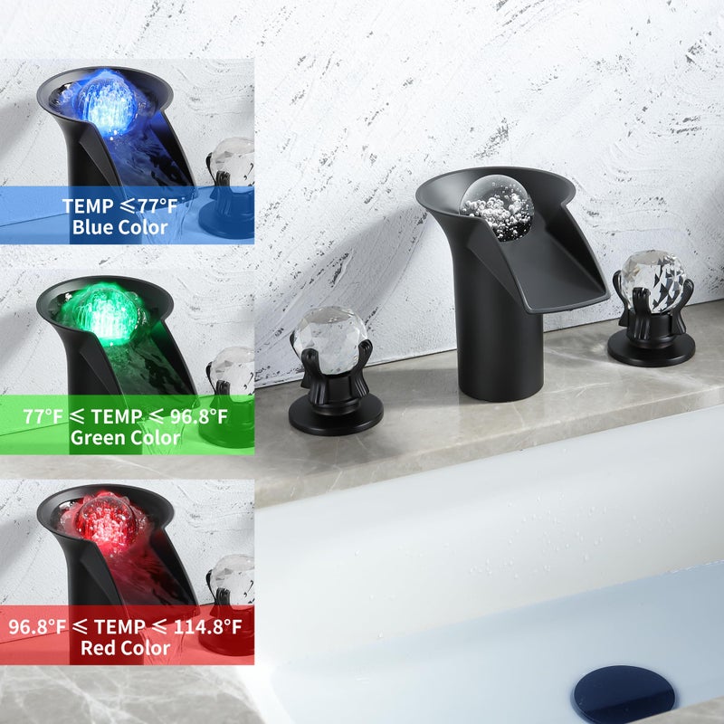 SKOWLL Bathroom Sink Faucet 3 Hole 8 Inch Widespread LED Waterfall Faucet with 2 Handle, Moderm Free Floating Crystall, Matte Black - Image 4