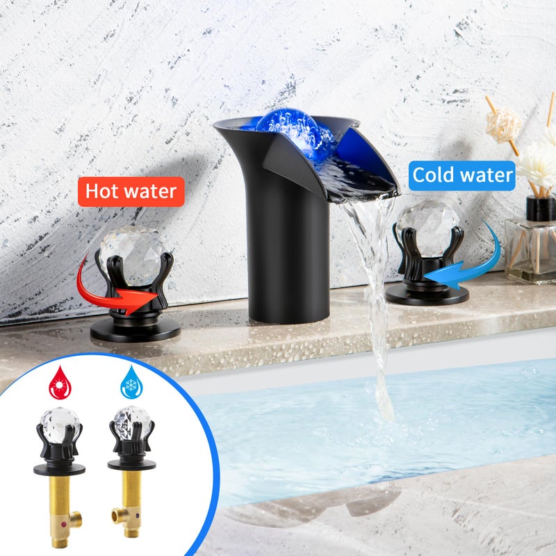 SKOWLL Bathroom Sink Faucet 3 Hole 8 Inch Widespread LED Waterfall Faucet with 2 Handle, Moderm Free Floating Crystall, Matte Black - Image 5