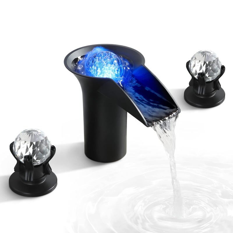 SKOWLL Bathroom Sink Faucet 3 Hole 8 Inch Widespread LED Waterfall Faucet with 2 Handle, Moderm Free Floating Crystall, Matte Black - Image 1