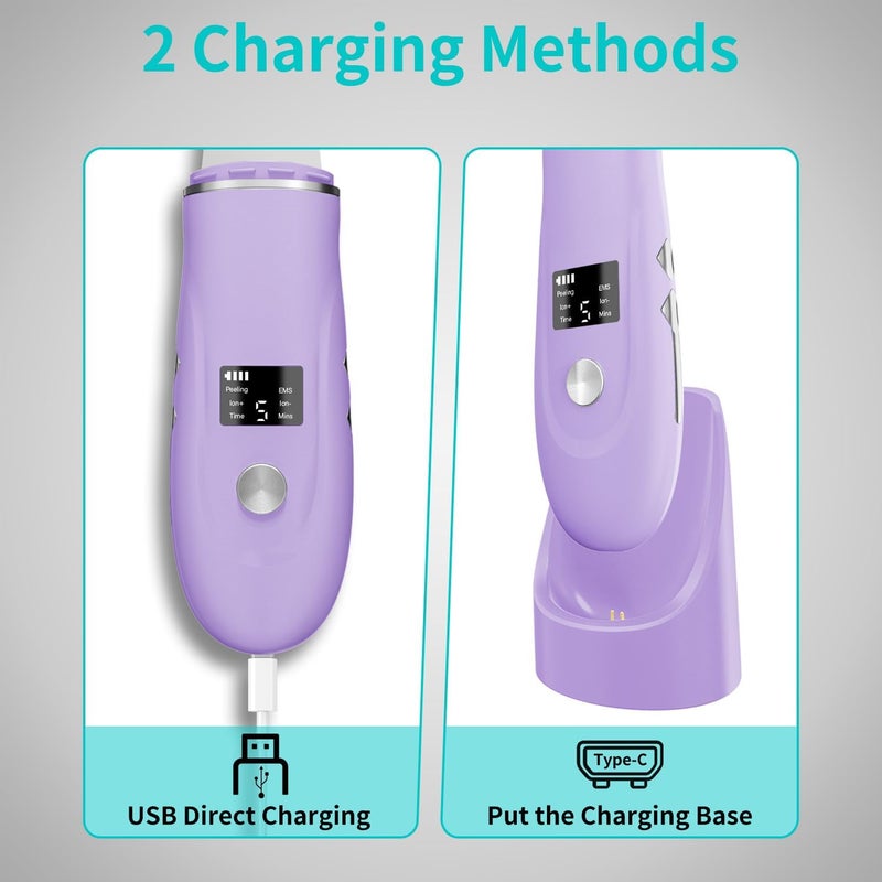 مكشطة الوجه المقشرة للبشرة - أداة تنظيف عميقة 4 في 1 لاستخراج المسام، قاعدة شحن سريع، مزيل الرؤوس السوداء للوجه، هدية للعناية بالبشرة للنساء (بنفسجي) - Image 5