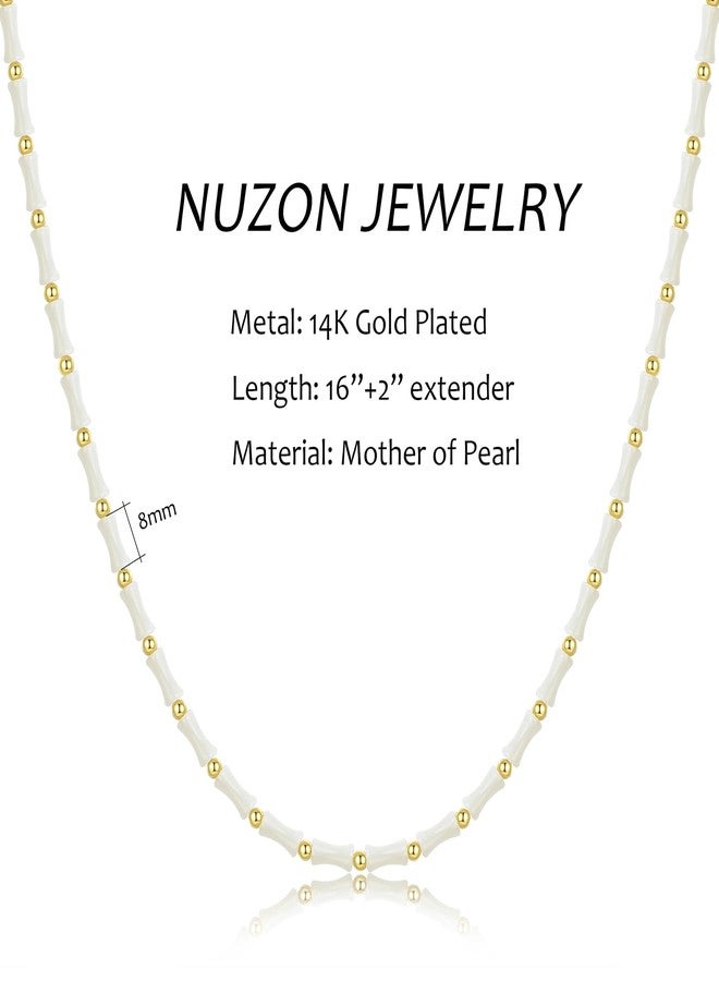 NUZON Natural Mother of Pearl Beaded Necklace for Women White Bamboo Gemstone Beach Choker Shell Pearl & 18K Gold Beads Strand Necklace Layering Summer Boho Jewelry 16’’ - Image 4