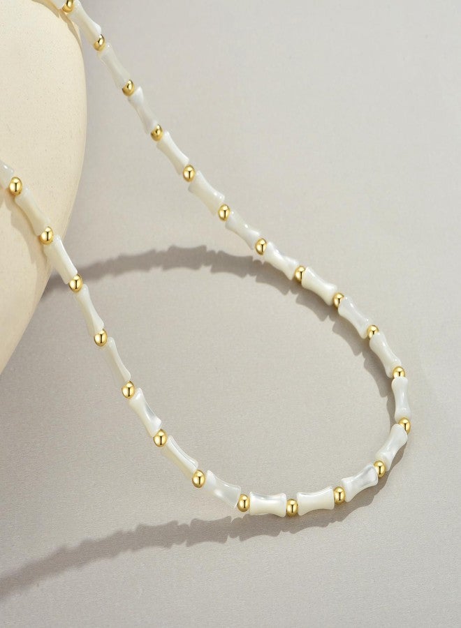 NUZON Natural Mother of Pearl Beaded Necklace for Women White Bamboo Gemstone Beach Choker Shell Pearl & 18K Gold Beads Strand Necklace Layering Summer Boho Jewelry 16’’ - Image 5