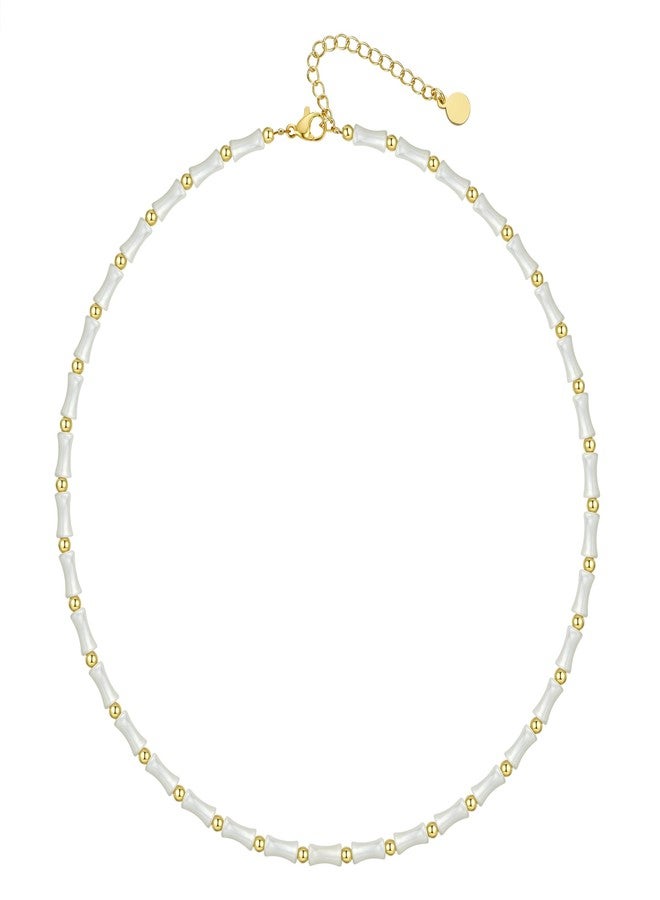 NUZON Natural Mother of Pearl Beaded Necklace for Women White Bamboo Gemstone Beach Choker Shell Pearl & 18K Gold Beads Strand Necklace Layering Summer Boho Jewelry 16’’ - Image 1