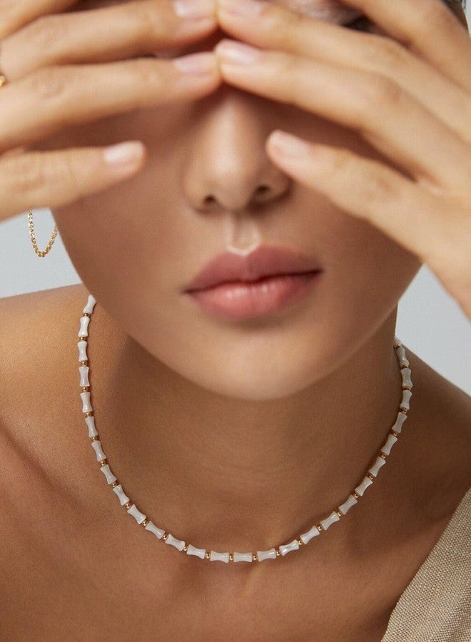 NUZON Natural Mother of Pearl Beaded Necklace for Women White Bamboo Gemstone Beach Choker Shell Pearl & 18K Gold Beads Strand Necklace Layering Summer Boho Jewelry 16’’ - Image 2