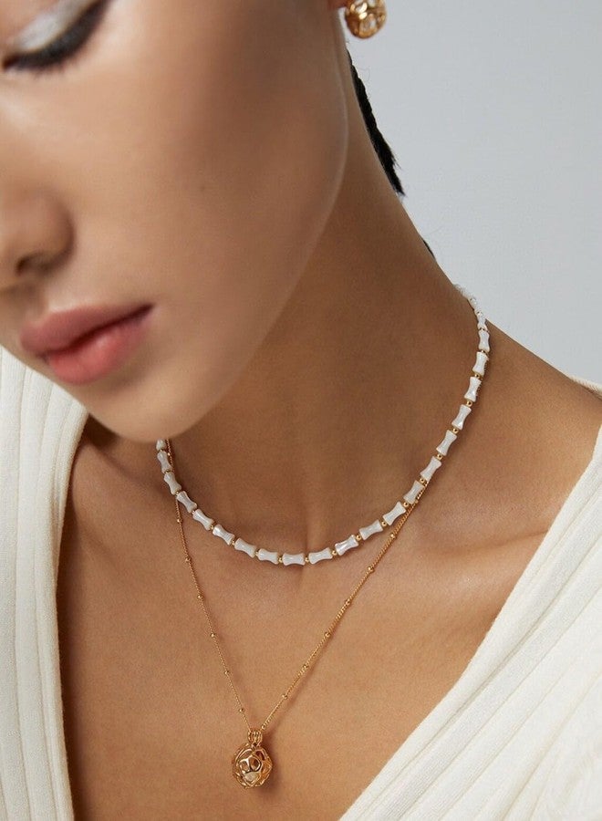 NUZON Natural Mother of Pearl Beaded Necklace for Women White Bamboo Gemstone Beach Choker Shell Pearl & 18K Gold Beads Strand Necklace Layering Summer Boho Jewelry 16’’ - Image 3
