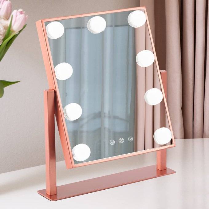 MAKEUP MIRROR WITH LIGHTS HOLLYWOOD MIRROR LIGHTED VANITY MIRROR WITH 9 LED BULBS TOUCH CONTROL DESIGN 3 COLORS DIMMABLE BULBS DETACHABLE 10X MAGNIFICATION 360ROTATIONROSE PINK
