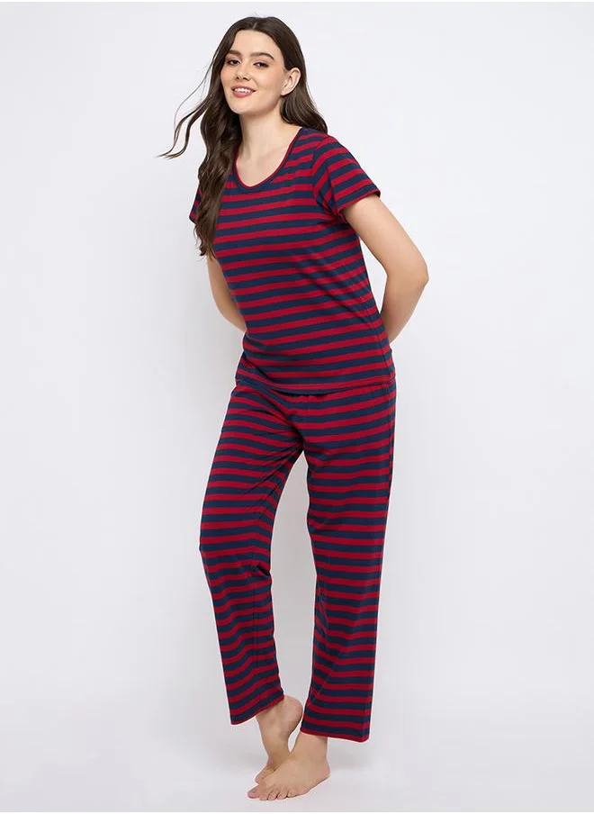 Clovia Clovia Striped Cotton T-Shirt and Pyjama Set