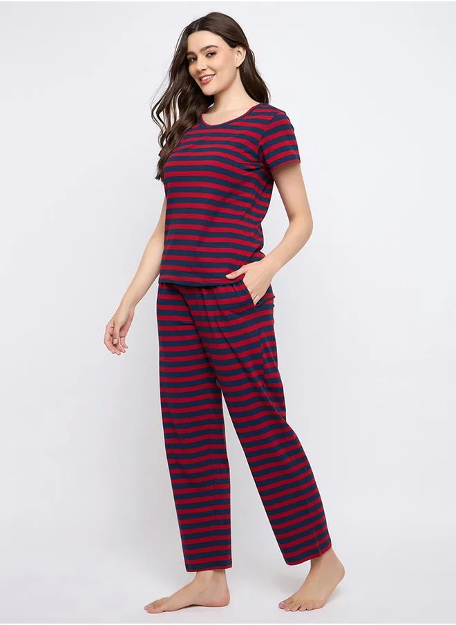 Clovia Clovia Striped Cotton T-Shirt and Pyjama Set