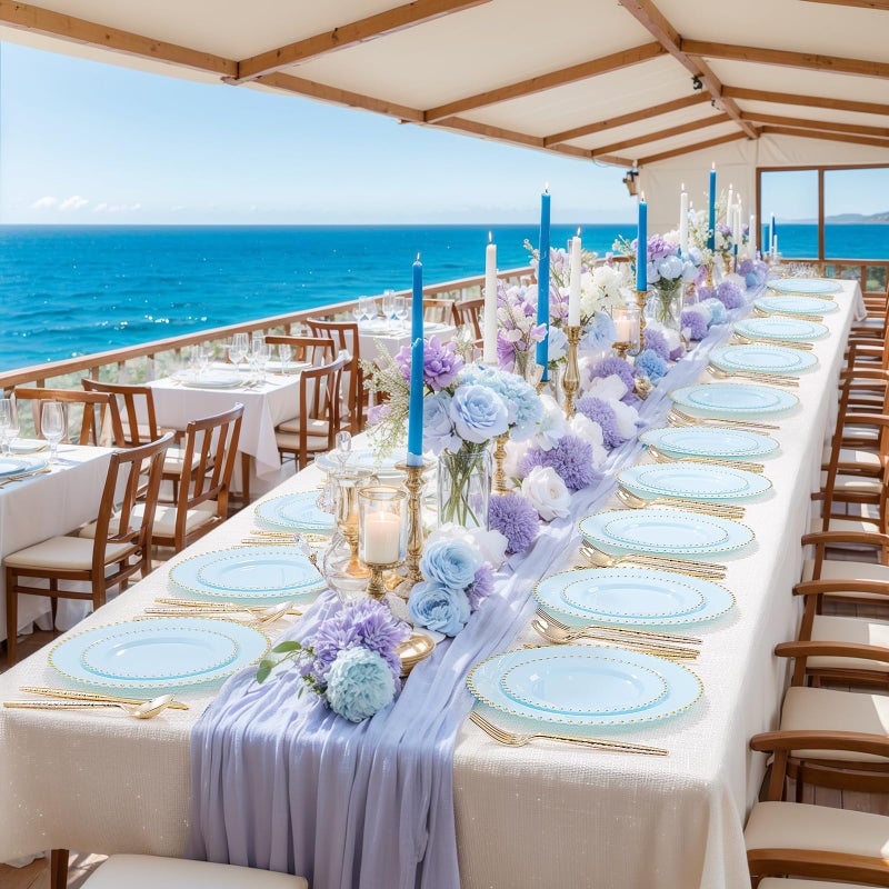 supernal 100PCS Blue Plastic Plates with Gold Beads - Disposable Heavy Duty Elegant Light Blue Plastic Plates Set Include 50 Dinner Plate and 50 Dessert Plate Perfect for Wedding, Birthday & Party - Image 2