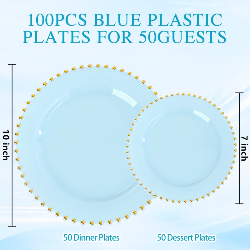 supernal 100PCS Blue Plastic Plates with Gold Beads - Disposable Heavy Duty Elegant Light Blue Plastic Plates Set Include 50 Dinner Plate and 50 Dessert Plate Perfect for Wedding, Birthday & Party - Image 3