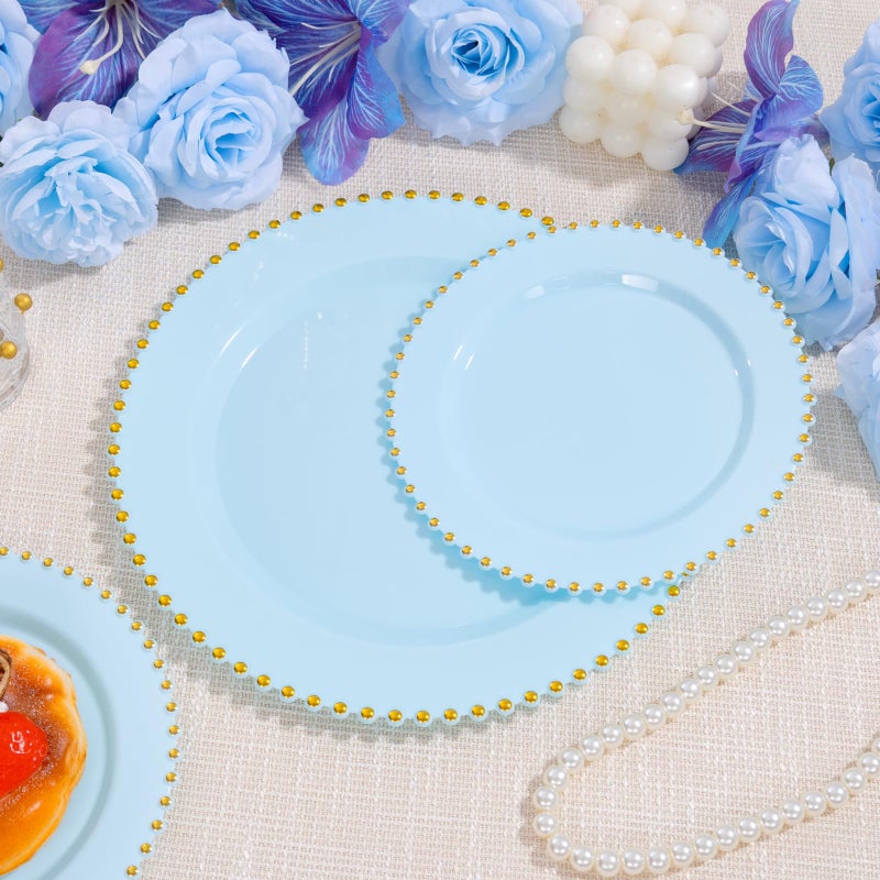 supernal 100PCS Blue Plastic Plates with Gold Beads - Disposable Heavy Duty Elegant Light Blue Plastic Plates Set Include 50 Dinner Plate and 50 Dessert Plate Perfect for Wedding, Birthday & Party - Image 4