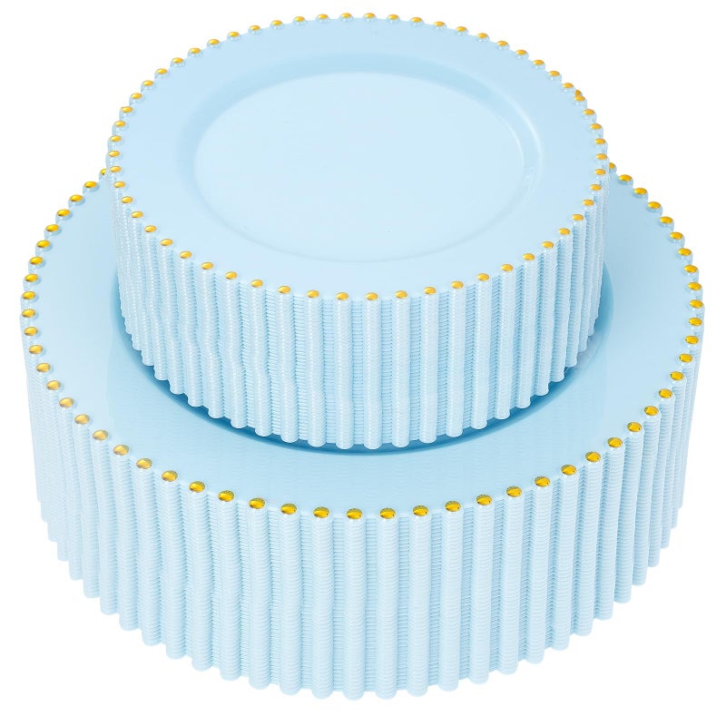 supernal 100PCS Blue Plastic Plates with Gold Beads - Disposable Heavy Duty Elegant Light Blue Plastic Plates Set Include 50 Dinner Plate and 50 Dessert Plate Perfect for Wedding, Birthday & Party - Image 1