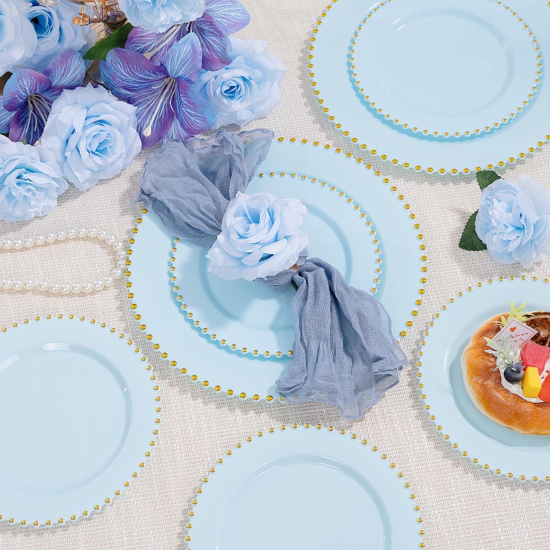 supernal 100PCS Blue Plastic Plates with Gold Beads - Disposable Heavy Duty Elegant Light Blue Plastic Plates Set Include 50 Dinner Plate and 50 Dessert Plate Perfect for Wedding, Birthday & Party - Image 5