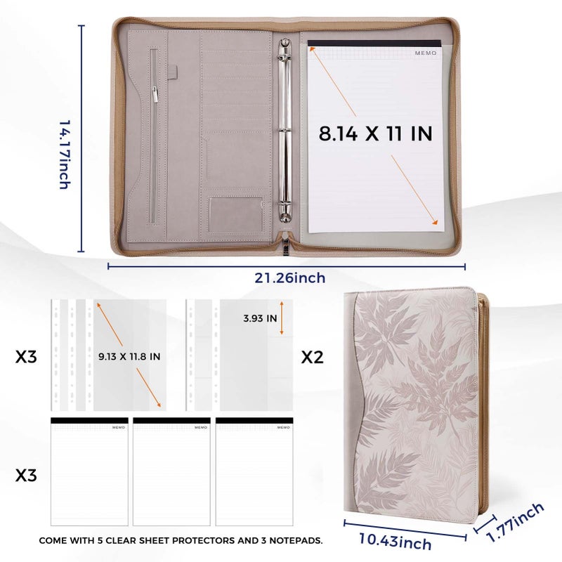 Sbrinnaliao Padfolio Portfolio Folder Binder-Organizer Planner Notebook Zippered Portfolio Padfolio for Women & Men with Document Sleeve,Letter/A4 Size Clipboard,Business Card Holders (Brown Leaf) - Image 4