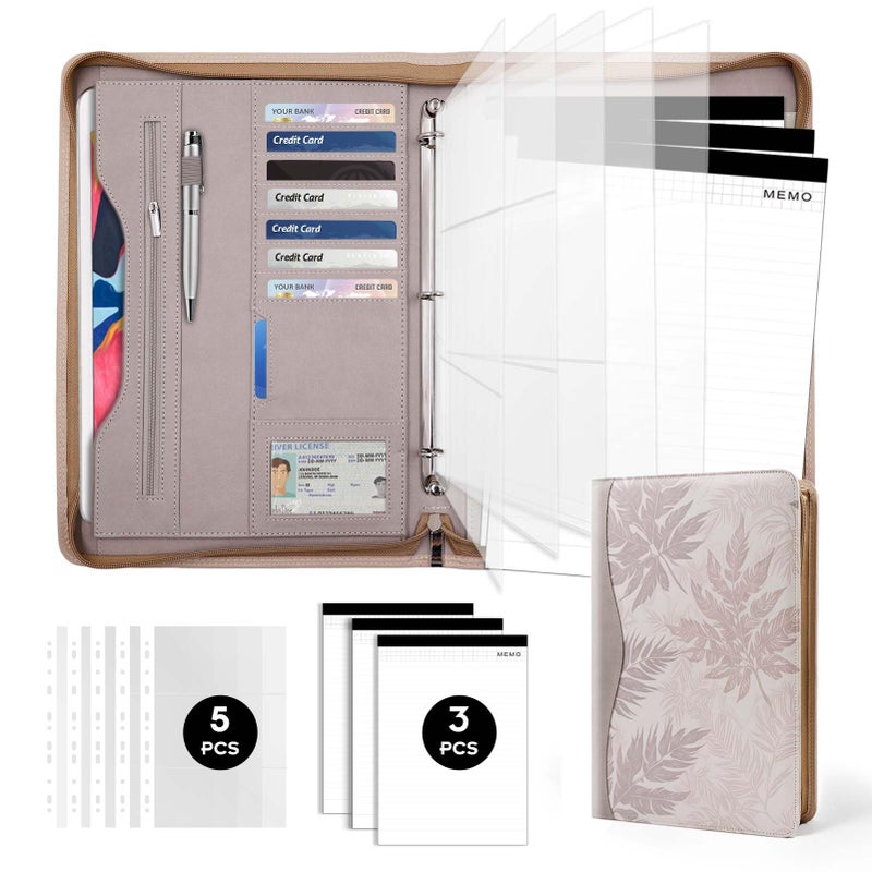 Sbrinnaliao Padfolio Portfolio Folder Binder-Organizer Planner Notebook Zippered Portfolio Padfolio for Women & Men with Document Sleeve,Letter/A4 Size Clipboard,Business Card Holders (Brown Leaf) - Image 1