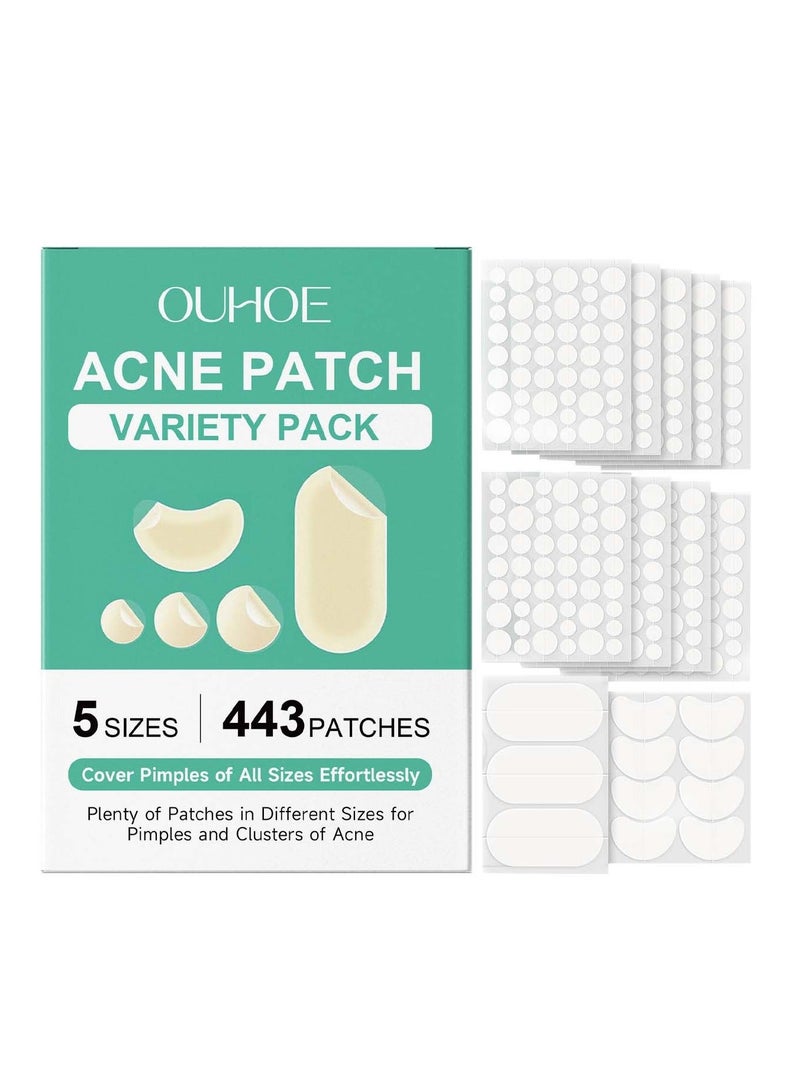OUHOE 443 Count Pimples Patches in 5 Sizes for Pimples and Clusters of Acne, Hydrocolloid Acne Patch, Acne Stickers for Covering Cheeks, Forehead, Chin Blemishes Zit Breakouts for All Skin Types - Image 1