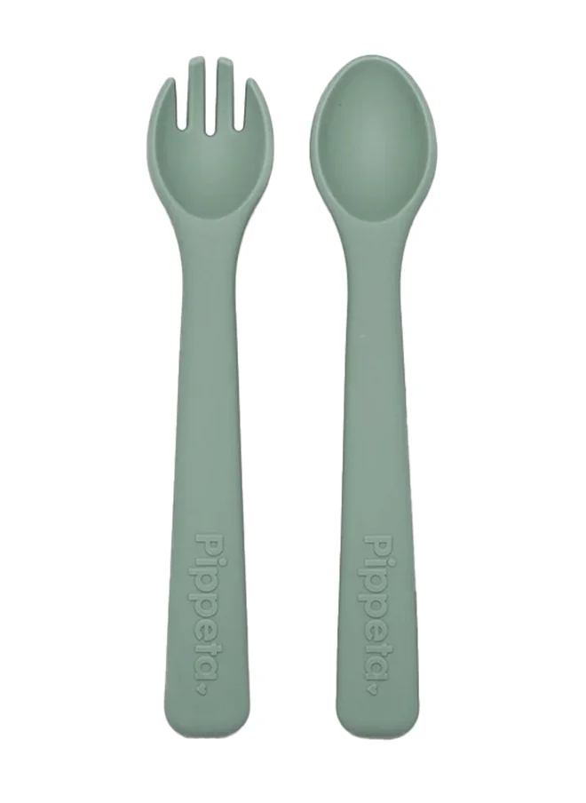 Pippeta Silicone Baby’S 1St Spoon And Fork Set, Self Feeding Spoon And Fork For Baby, Dishwasher And Microwave Safe , Easy Hold And Anti Choke, Bpa Free Meadow Green