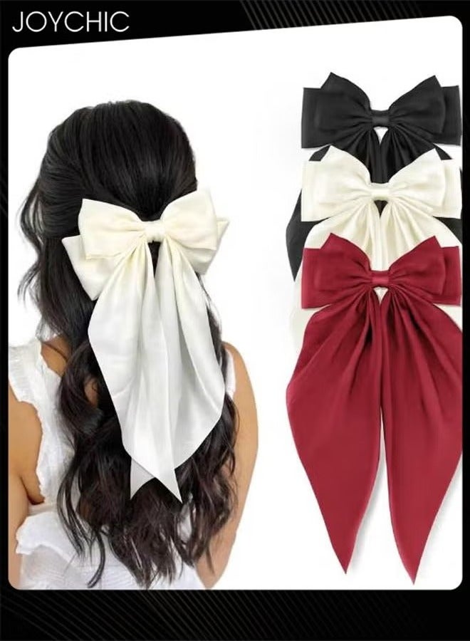 Joychic 3 PCS Big Bow Hair Clips with Long Silky Satin, Long Tail French Hair Bows for Women Girl, Bow Hair Dress up Accessories for Party/Show/Wedding - Image 1