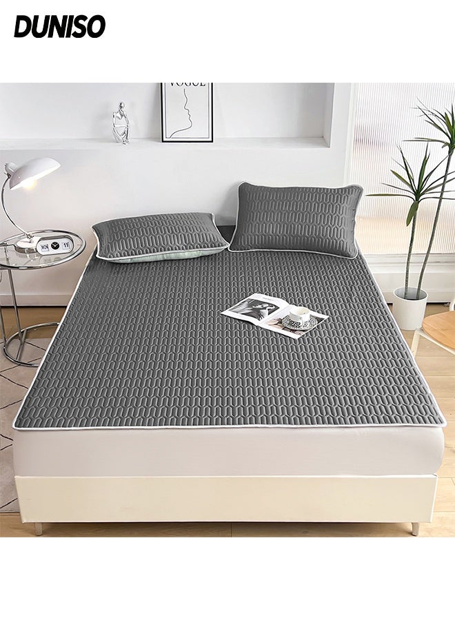 DUNISO 3-Piece of Ice Silk Cooling Bedding Set,Extreme Heat Cooling Bedding Set,Anti-Slip Latex Cool Silk Bed Cover with Pillowcases,for Summer Heat,Breathable Sheets,Night Sweat Relief,180*200CM,Grey - Image 1