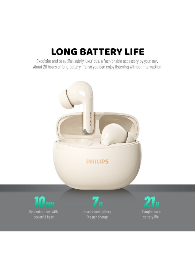 Philips Earbuds, Bluetooth Earbuds, BT Headphone, Open Ear Ring True Open Ear Headphones, True Wireless Earbuds – Bluetooth, In-Ear Headphones with DNS Call Noise Reduction, 28H Playtime, 10mm Bass Driver, 360° Spatial Sound, IPX4 Sweatproof for Sports, Work, Travel & iPhone/Android (TAT1320) White - Image 2