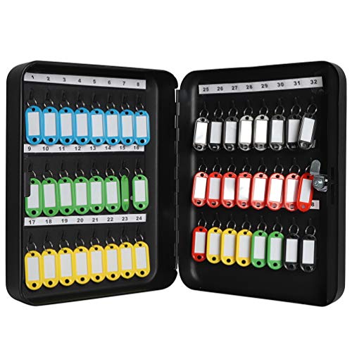 Jssmst Wall Mount Key Storage Box with Code, Locking Key Cabinet Security, 48 Key Hooks & Tags Labels, 11.81 x 9.45 x 2.95 inches, Black Matt - Image 1