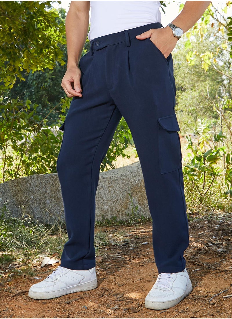 Campus Sutra Men's Indigo Blue Utility Pleated Trousers  - Image 3
